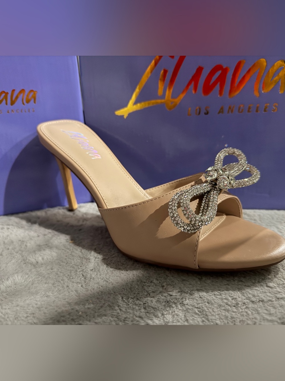 Liliana Zaha-4 Beige High Heel Mules with Rhinestone Bow